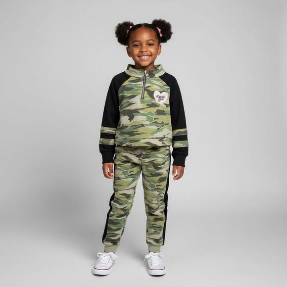 Kensie Girl Camo Print Cropped Top Joggers Girls Size 5/6 Casual Outfit Green - Picture 1 of 13